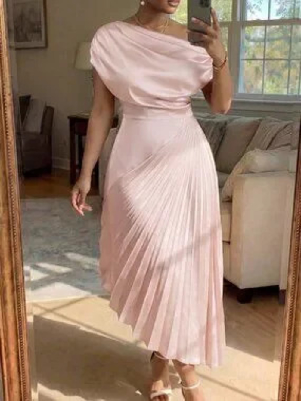 Pink Elegant Women's Plus Size Midi Dress with V-Neck Short Sleeves